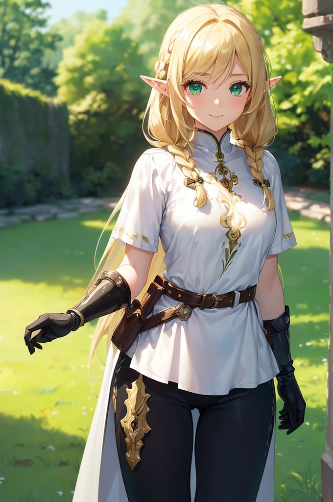 (((masterpiece; best quality: 1.2))), (finely detailed eyes: 1.3), (25 year old elf woman), (solo), (green eyes: 1.4), (body; buxom, fit, femenine: 1.3), (silky blonde hair in low braid: 1.3), (beautiful and clear background: 1.2), ((depth of field)), (equipment: adventurer attire + modest + armor + long white tunic + black cape + black pants + gloves + belt + pouches: 1.3), (anime illustration: 1.2), (background composition; royal garden: 1.1), (extremely fine and beautiful: 1.1), (shot composition; standing + centered on torso + close-up: 1.5), (expression; calm, smile: 1.2)