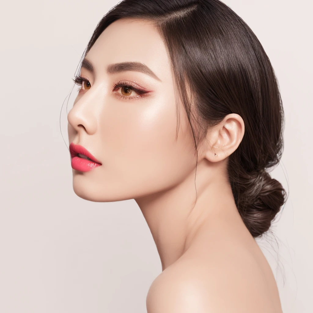 Professional studio portrait of an Asian female lash salon model, left side profile (90 degrees), striking eyebrows and long eyelashes, white background, high-key lighting, beauty photography, detailed facial features, sharp focus, dramatic eye makeup, bold lipstick, flawless skin