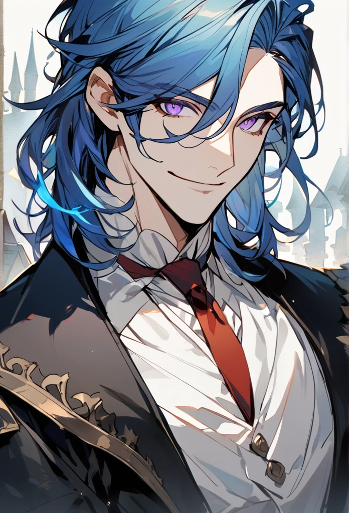 Handsome, 1 male, solo, medium length hair, Professor of magic without a hat, with bangs, bright blue hair with hidden white highlights, sharp eyes, purple eyes, white shirt, red tie, black jacket, black pants, smile facial, half body shot. medieval era. 