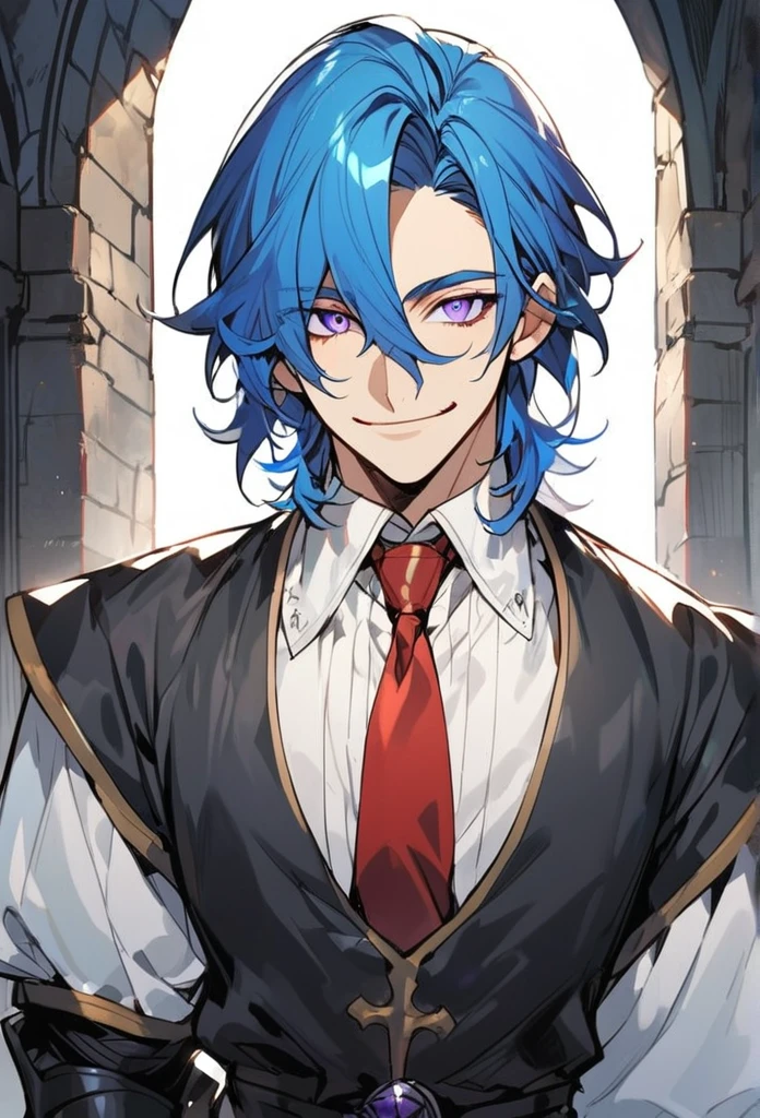 Handsome, 1 male, solo, medium length hair, Professor of magic without a hat, with bangs, bright blue hair with hidden white highlights, sharp eyes, purple eyes, white shirt, red tie, black jacket, black pants, smile facial, half body shot. medieval era. 