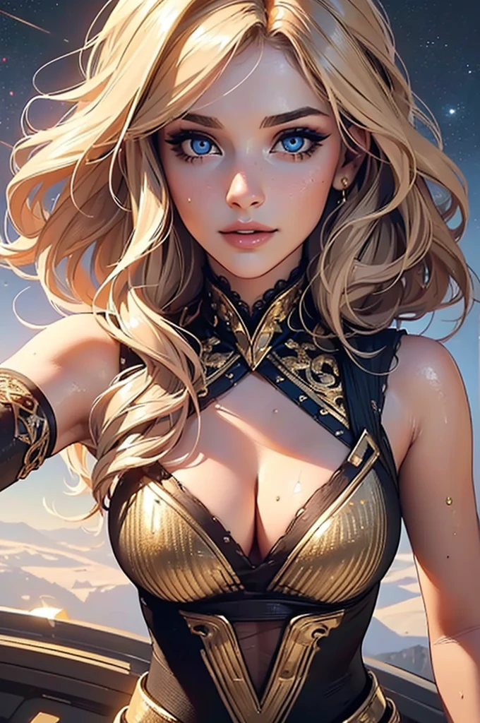 ((((masterpiece, best quality, high resolution)))), Extremely detailed 8K, Beautiful girl with slender body, (Ultra HD, Ultra-detailed, Highly detailed, Highly realistic, Ultra-realistic, photograph realistic), (1girl:1.5), (Realistic blonde hair with dark roots), wavy hair, boho bob cut,(dark makeup, pink eyeshadow), facing at camera, light smile, (beautiful detailed face, beautiful detailed eyes), (sexy space outfit), see through top, cleavage,  glow, sweat, (space cruise, detailed makeup, gold bracelet