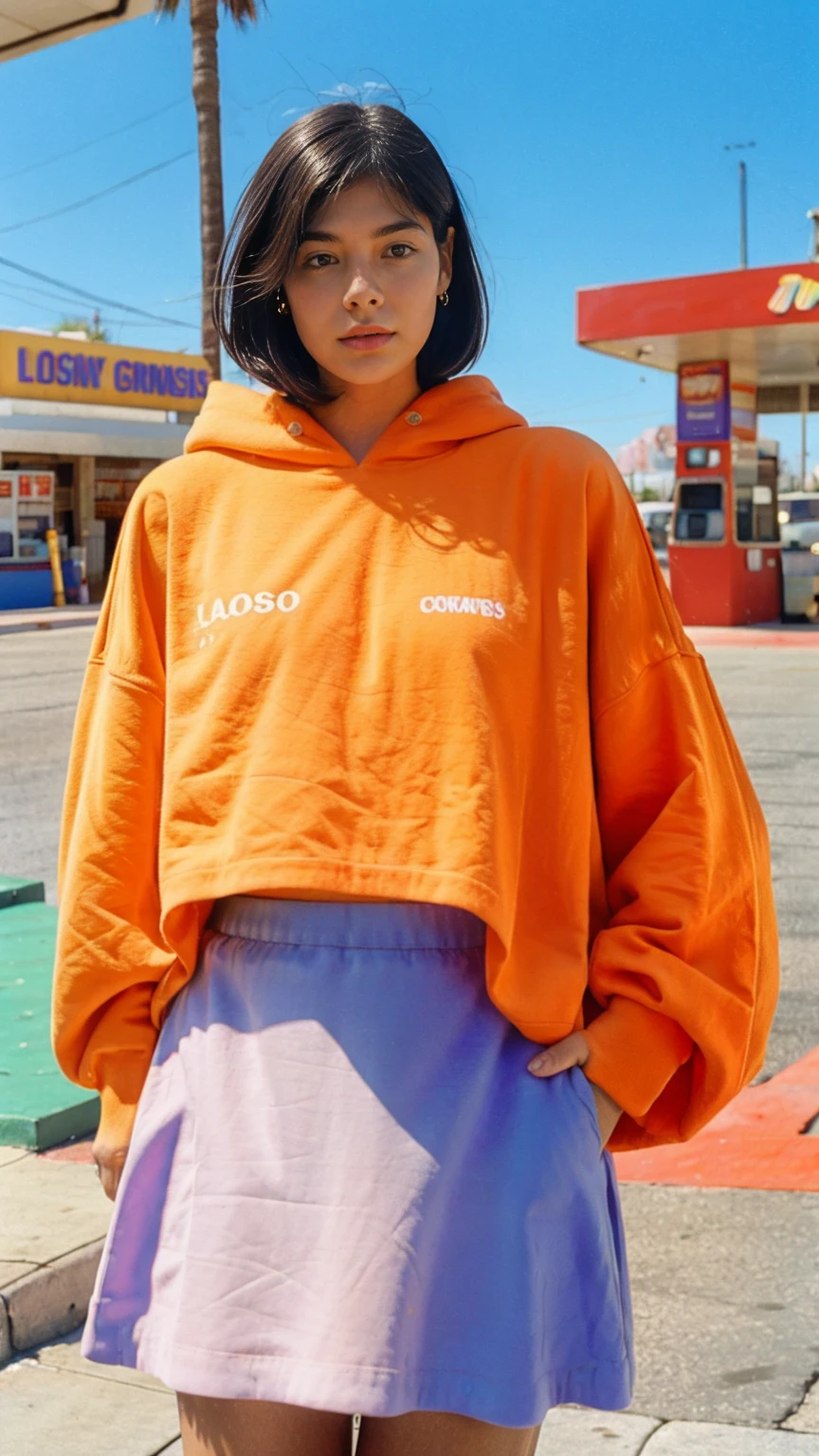 photo cinematic, photograph long shot portraits by Wes Anderson, cute 23 yo girl ,fokus, bokeh ,wear ((orange color oversized_hoodie)), wear ((purple tennis skirt)),looking front,Best Quality,Masterpiece,Ultra High Resolution,(Realisticity:1.4),Original Photo, 1Girl, light leak,ultra high resolution,UHD,beautiful, ((black bob straight hairstyle)), almond eye, no makeup, in front of ((80's colorful los angles gas station)), (realistic:1.2), (surreal:1.3), (very detailed:1.1), ((masterpiece)),summer, blue sky, palm trees,sunny, los angles vibes,film camera, 800mm lens,style of Philip Lorca diCorcia