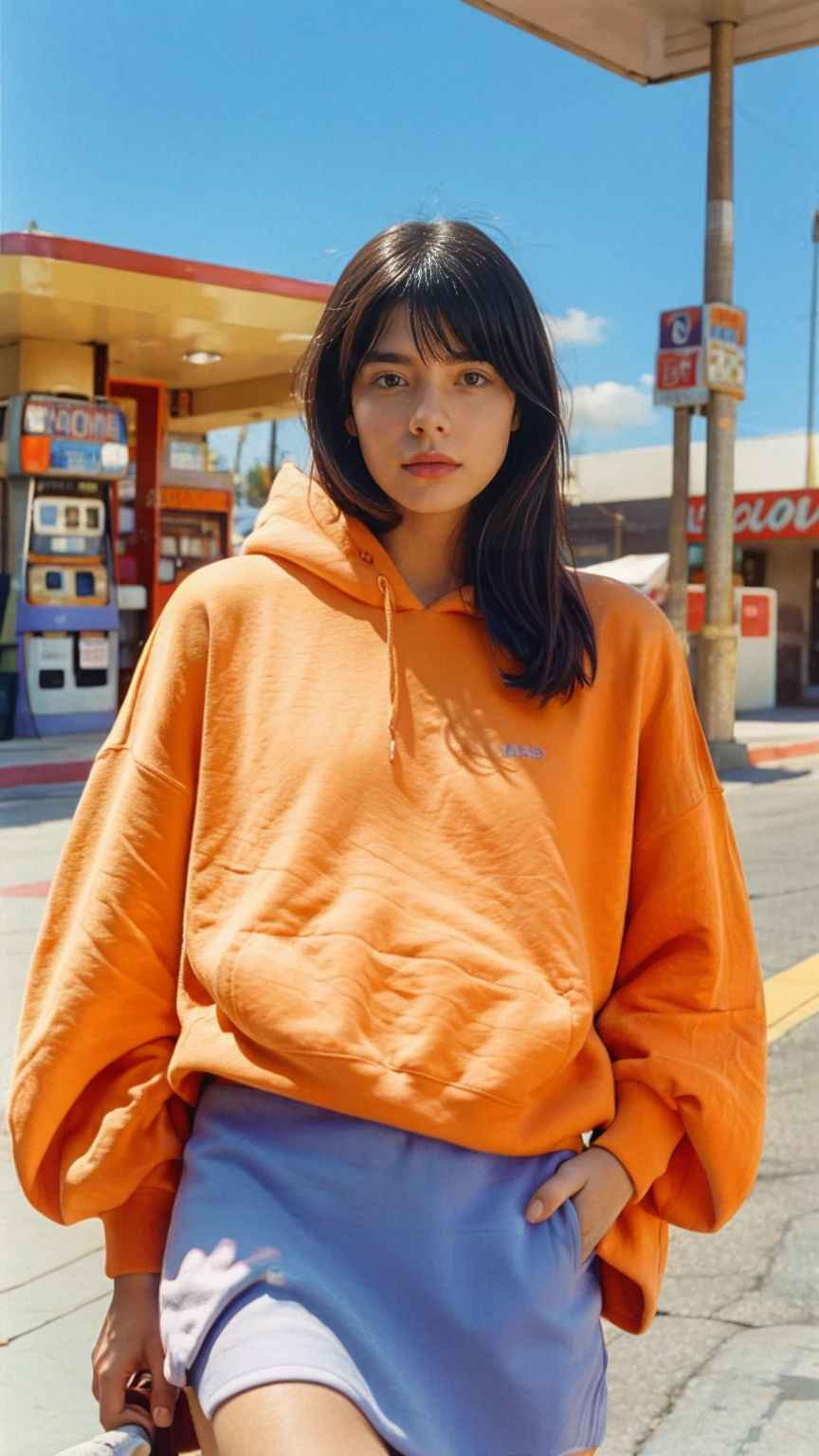 photo cinematic, photograph long shot portraits by Wes Anderson, cute 23 yo girl ,fokus, bokeh ,wear ((orange color oversized_hoodie)), wear ((purple tennis skirt)),looking front,Best Quality,Masterpiece,Ultra High Resolution,(Realisticity:1.4),Original Photo, 1Girl, light leak,ultra high resolution,UHD,beautiful, ((black bob straight hairstyle)), almond eye, no makeup, in front of ((80's colorful los angles gas station)), (realistic:1.2), (surreal:1.3), (very detailed:1.1), ((masterpiece)),summer, blue sky, palm trees,sunny, los angles vibes,film camera, 800mm lens,style of Philip Lorca diCorcia