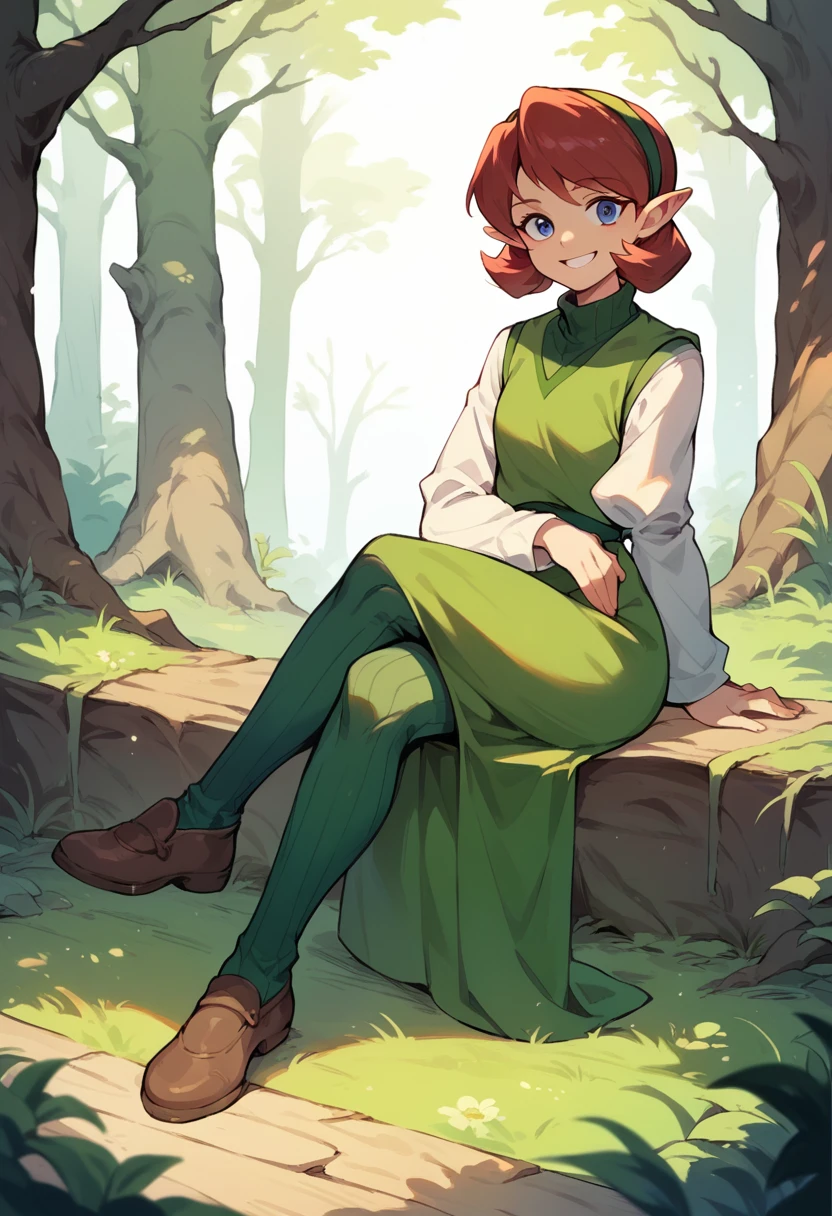 saria, sitting, crossed legs, wood, looking at viewer, smile, red hair, white sleeves, brown vest, blue long skirt, brown shoes