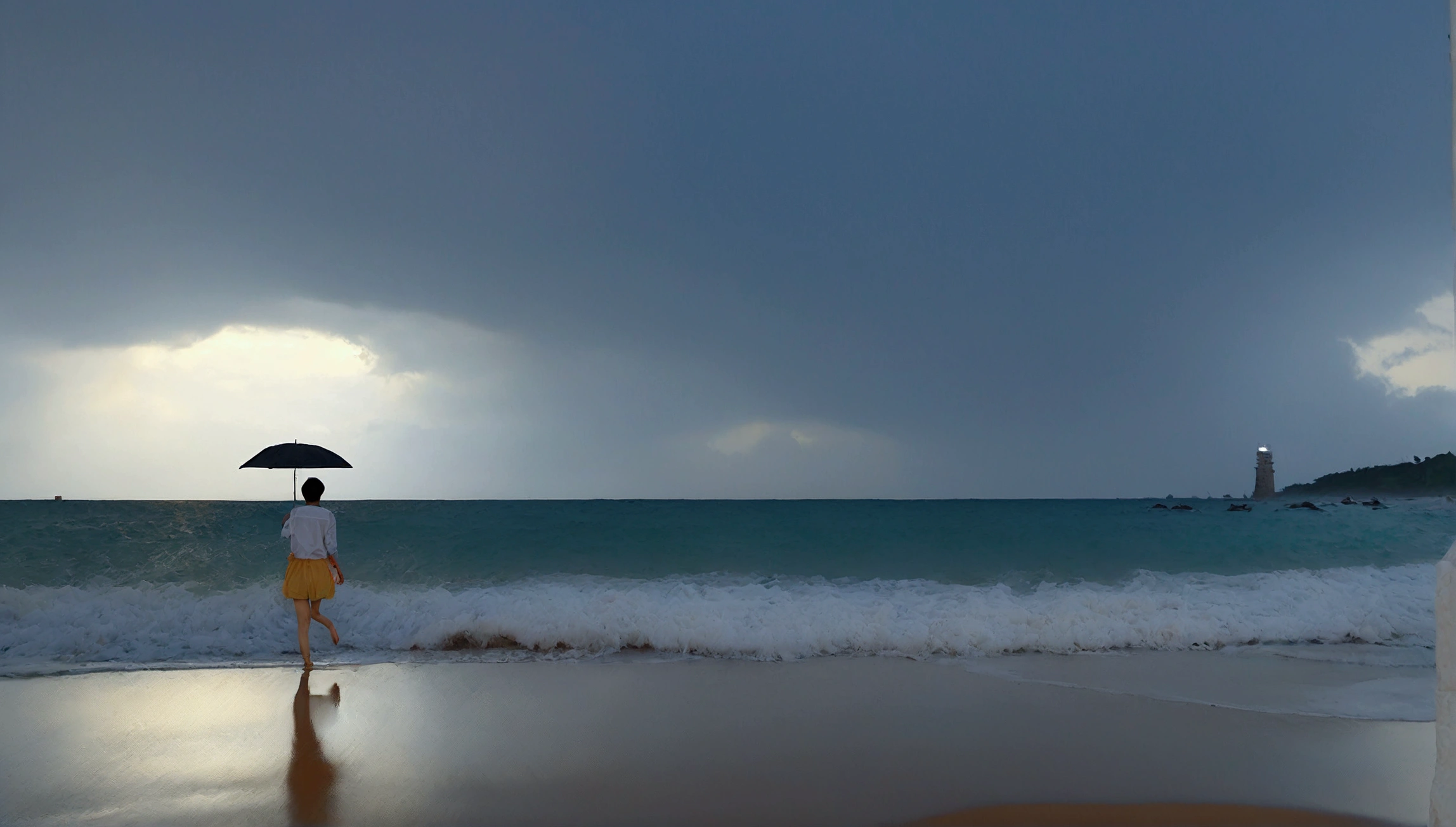 8k, realistic, lifelike photo, Realistic appearance of nature, beach at sunset, pale light, umbrella, rain, 36 year old Korean woman, short medium hair, tower, white shorts endless beach. from a distance with a wide angle lens , waves crashing, Clear picture quality, 검은 umbrella을 쓰고, walking on the beach