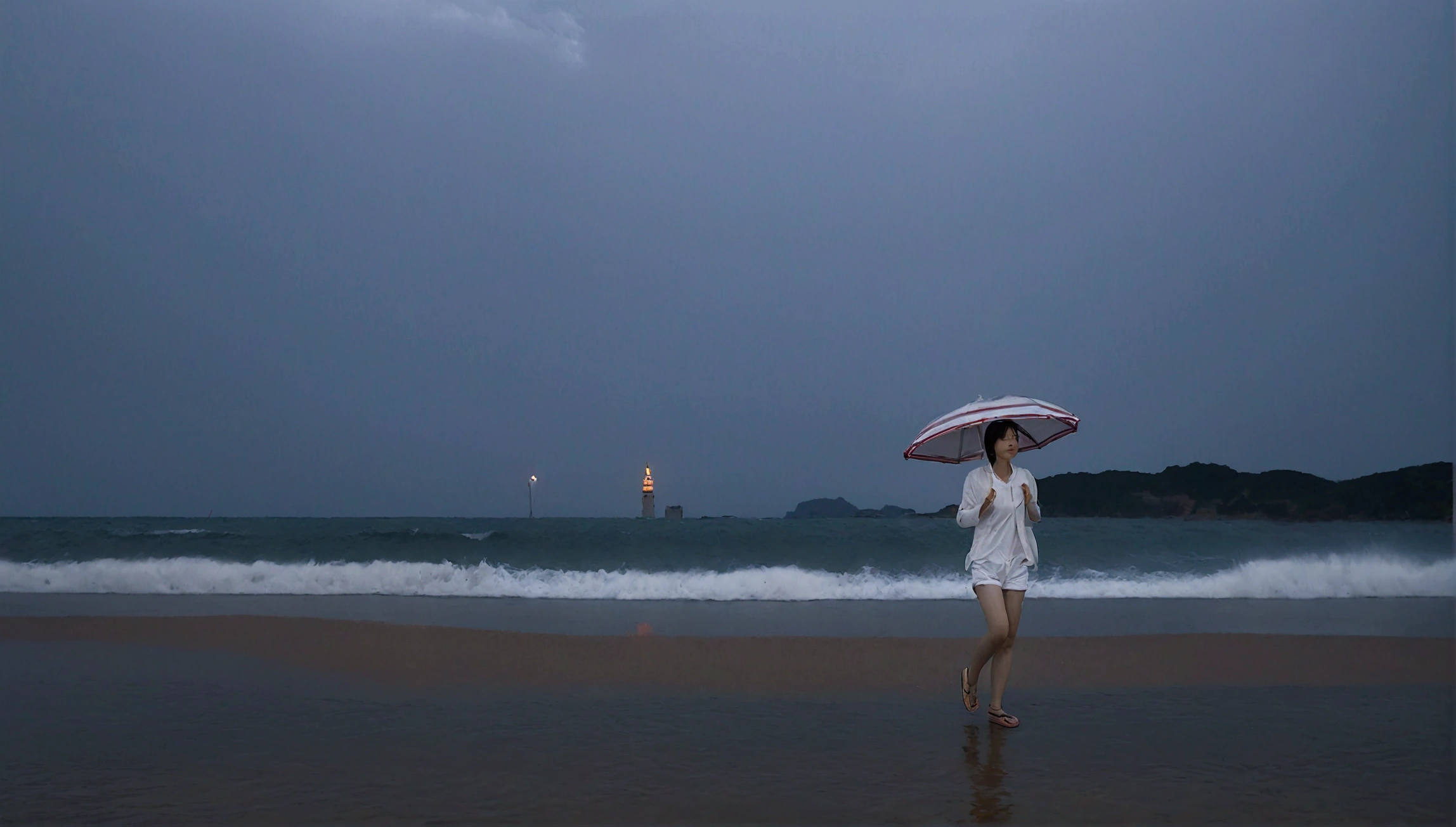 8k, realistic, lifelike photo, Realistic appearance of nature, beach at sunset, pale light, umbrella, rain, 36 year old Korean woman, short medium hair, tower, white shorts endless beach. from a distance with a wide angle lens , waves crashing, Clear picture quality, 검은 umbrella을 쓰고, walking on the beach