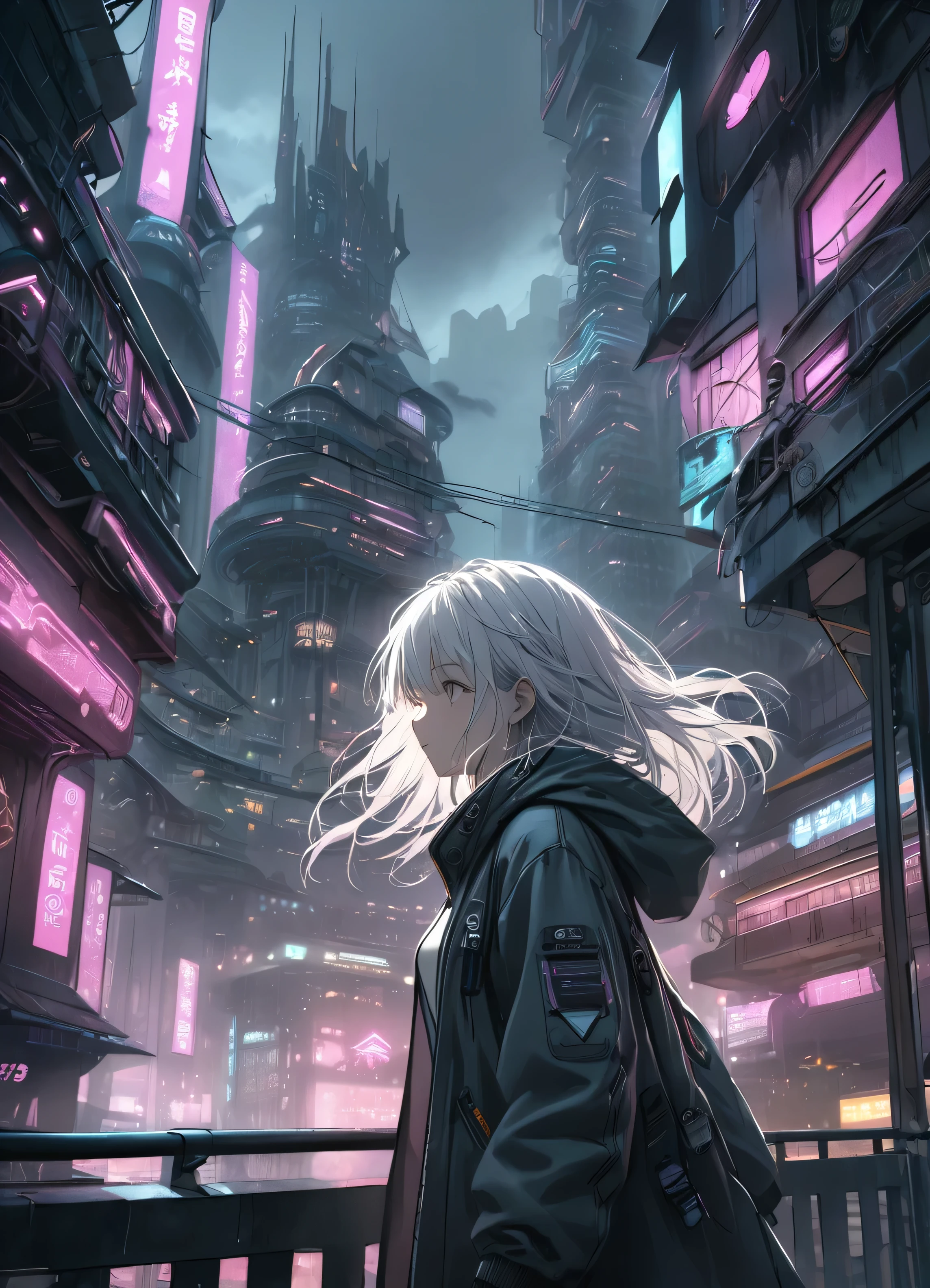 A beautiful girl with long white hair blowing in the wind, flying through a futuristic city, intricate architecture, neon lights, cyberpunk, cinematic lighting, muted color palette, dramatic atmosphere, highly detailed, photorealistic, 8k, award winning digital art