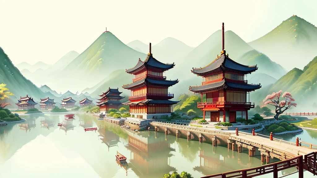 painting of a chinese village with a bridge and a pagoda, chinese watercolor style, chinese painting style, chinese style painting, dreamy chinese town, scenery artwork, beautiful art uhd 4 k, traditional chinese watercolor, japanese style painting, traditional chinese painting, chinese village, traditional chinese ink painting, chinese ink painting, inspired by Dong Qichang, a beautiful artwork illustration