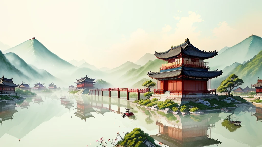 painting of a chinese village with a bridge and a pagoda, chinese watercolor style, chinese painting style, chinese style painting, dreamy chinese town, scenery artwork, beautiful art uhd 4 k, traditional chinese watercolor, japanese style painting, traditional chinese painting, chinese village, traditional chinese ink painting, chinese ink painting, inspired by Dong Qichang, a beautiful artwork illustration