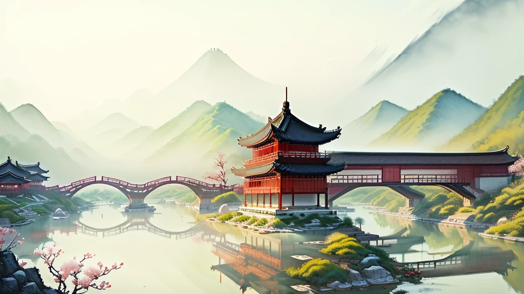 painting of a chinese village with a bridge and a pagoda, chinese watercolor style, chinese painting style, chinese style painting, dreamy chinese town, scenery artwork, beautiful art uhd 4 k, traditional chinese watercolor, japanese style painting, traditional chinese painting, chinese village, traditional chinese ink painting, chinese ink painting, inspired by Dong Qichang, a beautiful artwork illustration