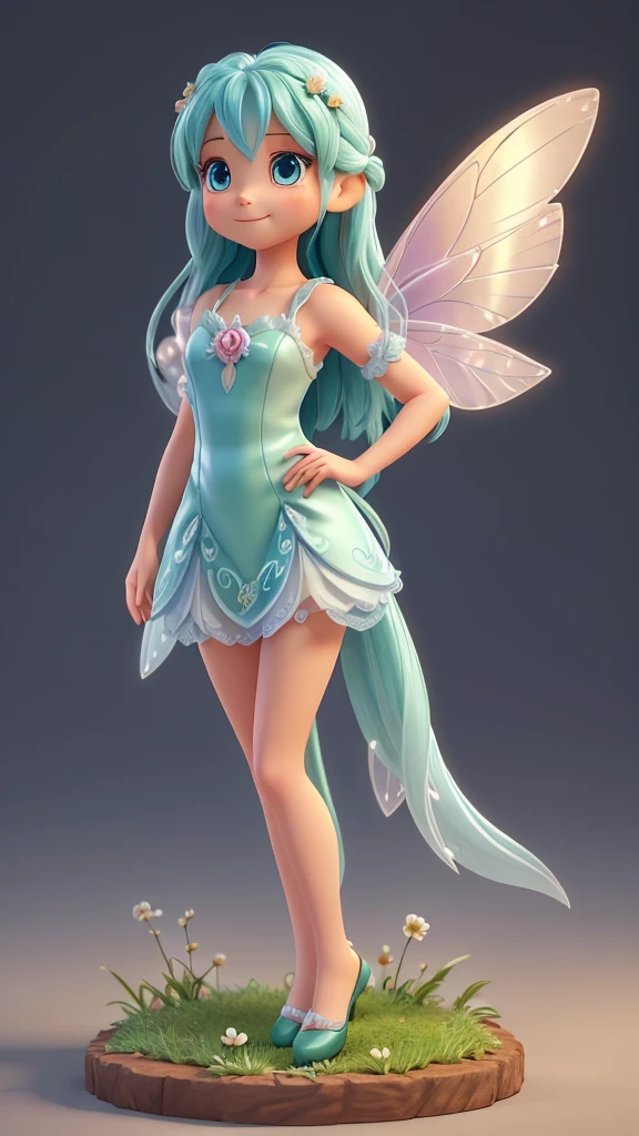 Create a half-body 3D model of a cute fairy girl. She should have delicate, ethereal features with big, expressive eyes and a sweet smile. Her hair should be long and flowing, possibly with some magical sparkle or light effects. She should have elegant, translucent wings with intricate patterns. Her outfit should be whimsical and charming, featuring a combination of natural elements like flowers and leaves, and a pastel color palette. The overall appearance should be enchanting and endearing, capturing the essence of a magical fairy. The model should be facing forward, designed to look like an avatar.

