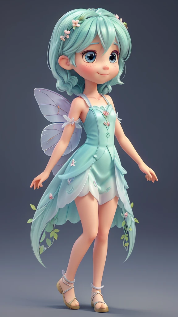Create a half-body 3D model of a cute fairy girl. She should have delicate, ethereal features with big, expressive eyes and a sweet smile. Her hair should be long and flowing, possibly with some magical sparkle or light effects. She should have elegant, translucent wings with intricate patterns. Her outfit should be whimsical and charming, featuring a combination of natural elements like flowers and leaves, and a pastel color palette. The overall appearance should be enchanting and endearing, capturing the essence of a magical fairy. The model should be facing forward, designed to look like an avatar.