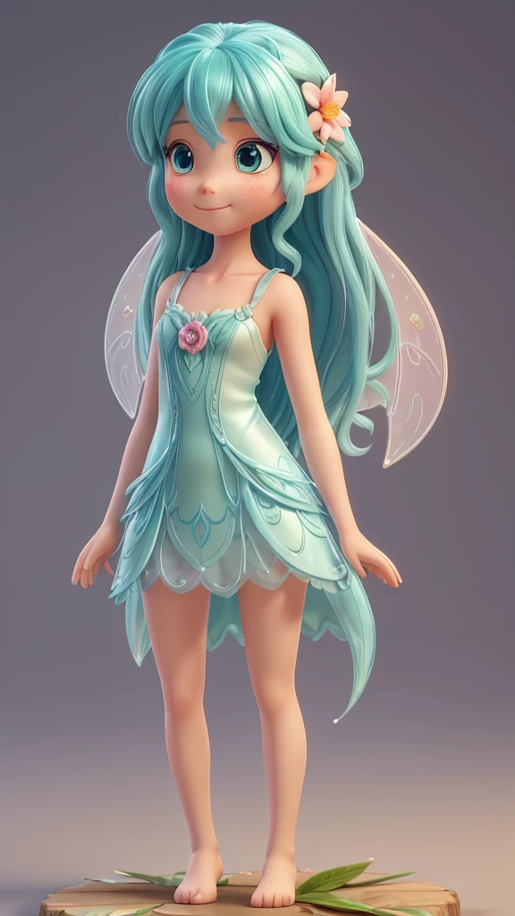 Create a half-body 3D model of a cute fairy girl. She should have delicate, ethereal features with big, expressive eyes and a sweet smile. Her hair should be long and flowing, possibly with some magical sparkle or light effects. She should have elegant, translucent wings with intricate patterns. Her outfit should be whimsical and charming, featuring a combination of natural elements like flowers and leaves, and a pastel color palette. The overall appearance should be enchanting and endearing, capturing the essence of a magical fairy. The model should be facing forward, designed to look like an avatar.


