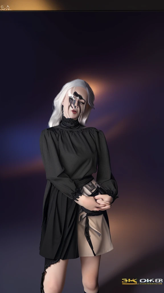 white haired girl,black clothes,black skirt,(best quality,4k,8k,highres,masterpiece:1.2),ultra-detailed,(realistic,photorealistic,photo-realistic:1.37),extremely detailed face and eyes,beautiful detailed lips,porcelain skin,pale complexion,striking features,dramatic lighting,dark fantasy,cinematic,moody,dramatic shadows,dark color palette