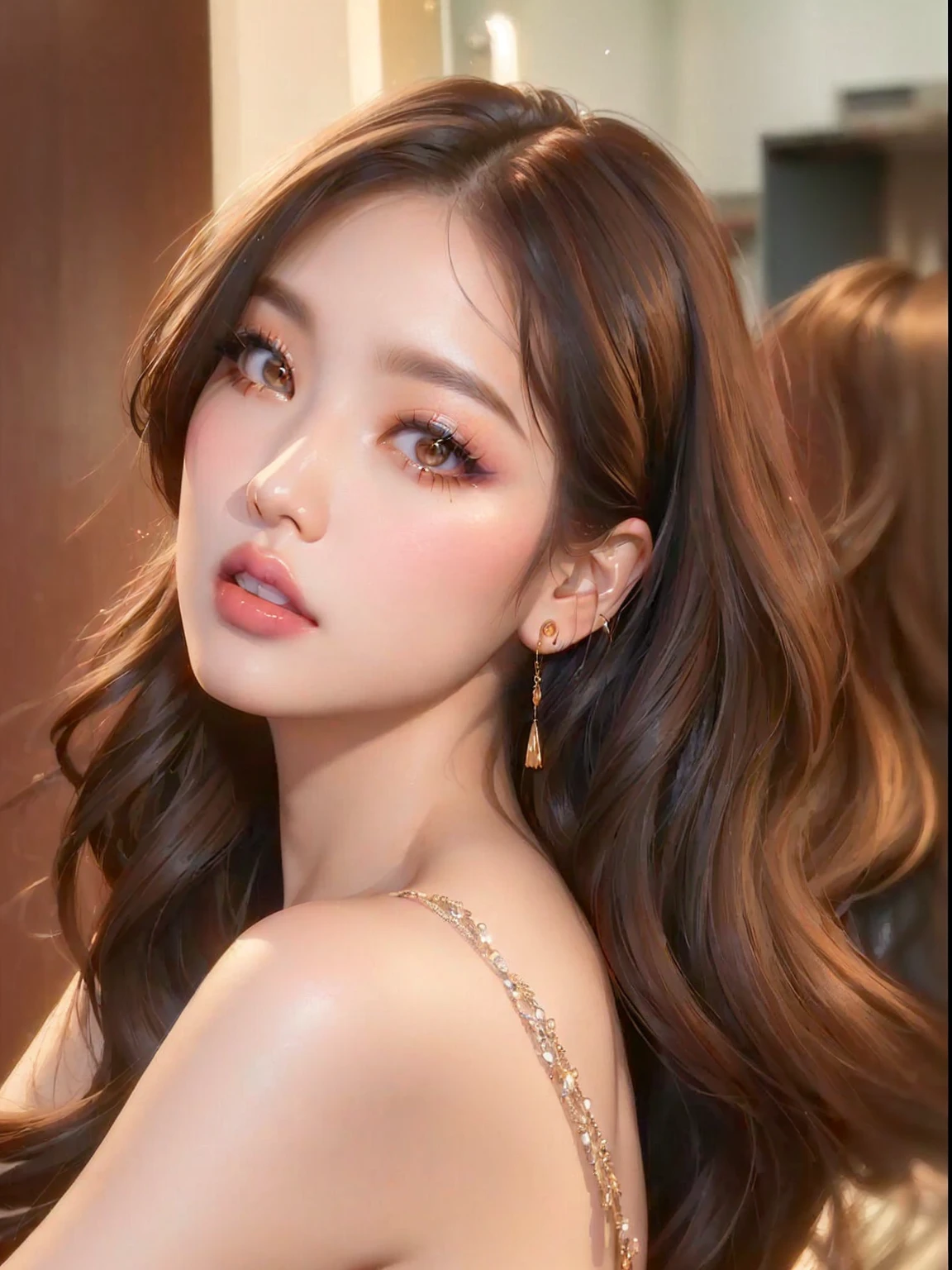 a close up of a woman with long hair wearing a dress, popular south korean makeup, popular korean makeup, gorgeous young korean woman, beautiful young korean woman, beautiful south korean woman, blackpink jennie, young adorable korean face, lalisa manobal, korean girl, portrait of jossi of blackpink, portrait of female korean idol, jinyoung shin, jossi of blackpink