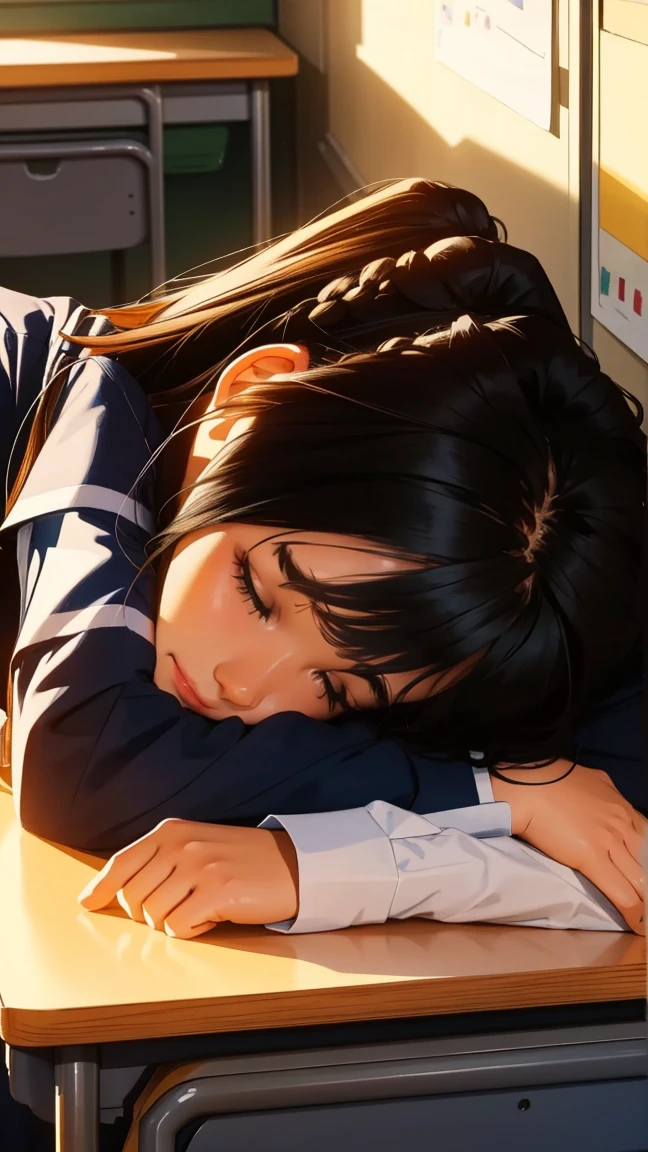 School classroom,Sleeping at a desk,beautiful girl,Distant View,Top view, UHD Portrait, (high quality) (Super detailed) ,Female High School Students,uniform, colorful, Long hair in color 🌈