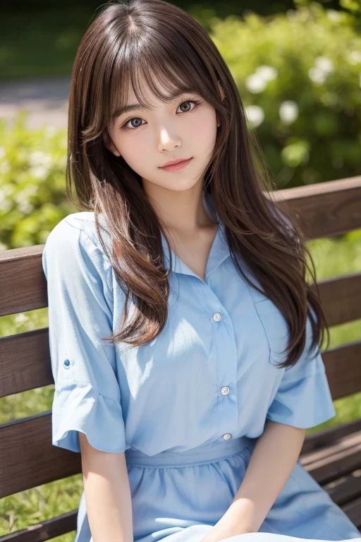 Produce the highest quality and highest resolution 8K images。Please draw the upper body of a 20 year old Japanese woman.。Please draw an image of someone sitting on a park bench looking up at the sky.。She has brown eyes and a model figure.、She has an idol-level cute face.。The hair is wavy。The skin is、It is a natural skin color。