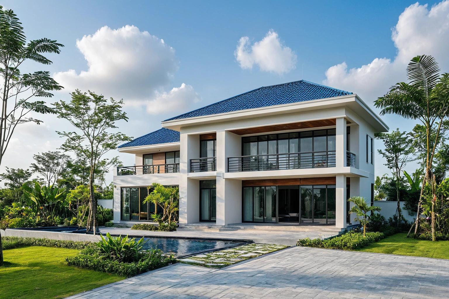 Raw photo, Masterpiece, high quality, best quality, authentic, super detail, outdoors, house style modern on the street , a traditional single-story Thai-style house, large glass window and at the first floor, blue tile roof, white wall, pavement, grass, trees, tropical plants, clear sky, cloud, (nature light), (daylight:1.2)