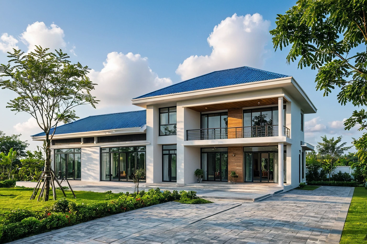 Raw photo, Masterpiece, high quality, best quality, authentic, super detail, outdoors, house style modern on the street , a traditional single-story Thai-style house, large glass window and at the first floor, blue tile roof, white wall, pavement, grass, trees, tropical plants, clear sky, cloud, (nature light), (daylight:1.2)