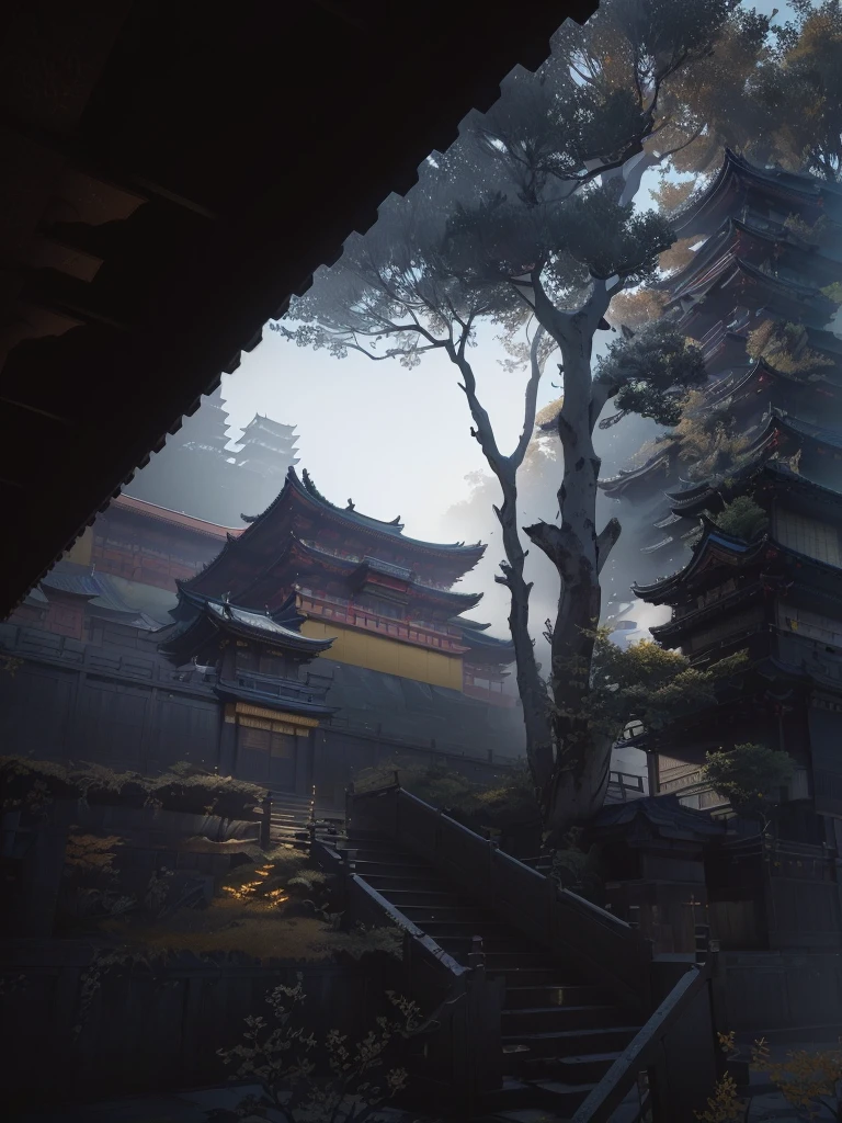 There is a yellow building,Some roofs and stairs, Cyberpunk Japanese Temple, Unreal 6 Breathtaking Details, Cyberpunk Chinese Ancient Castle, cryengine 8k, Ghost of Tsushima, Dojo on the mountain, Cryengine 8K rendering, Akihiko Yoshida. Unreal Engine, Unreal Engine cinematic, Rendering in cryengine, Unreal Engine cinematic smooth