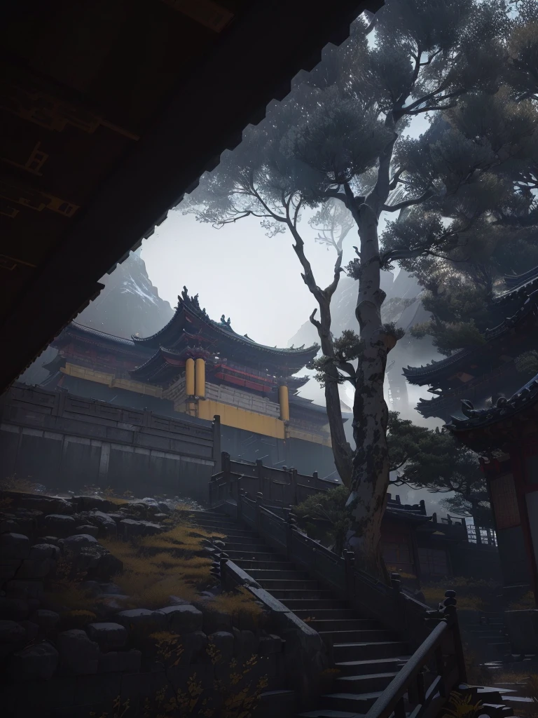 There is a yellow building,Some roofs and stairs, Cyberpunk Japanese Temple, Unreal 6 Breathtaking Details, Cyberpunk Chinese Ancient Castle, cryengine 8k, Ghost of Tsushima, Dojo on the mountain, Cryengine 8K rendering, Akihiko Yoshida. Unreal Engine, Unreal Engine cinematic, Rendering in cryengine, Unreal Engine cinematic smooth