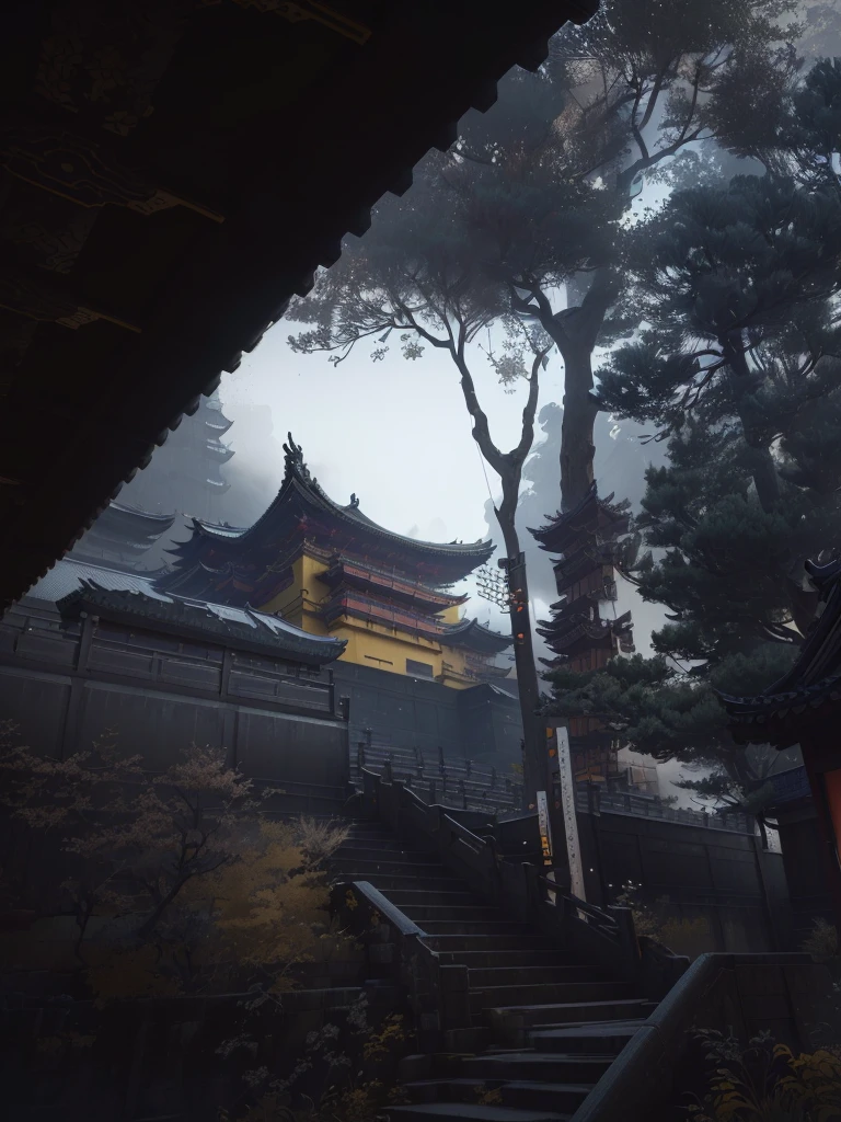 There is a yellow building,Some roofs and stairs, Cyberpunk Japanese Temple, Unreal 6 Breathtaking Details, Cyberpunk Chinese Ancient Castle, cryengine 8k, Ghost of Tsushima, Dojo on the mountain, Cryengine 8K rendering, Akihiko Yoshida. Unreal Engine, Unreal Engine cinematic, Rendering in cryengine, Unreal Engine cinematic smooth