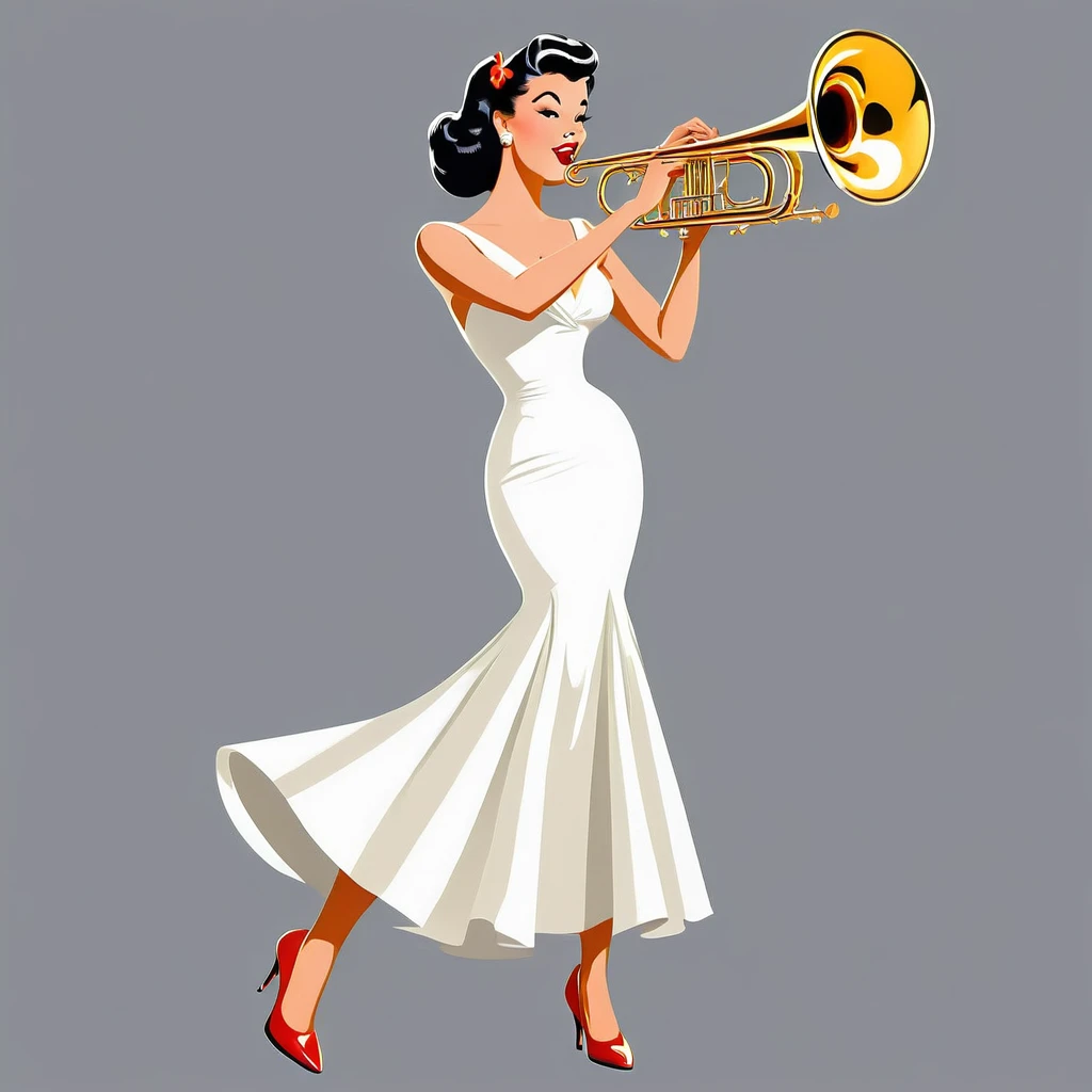 rafed woman in white dress playing a trombone on grey background, inspired Tex Avery, Retro illustration, trombone, In the style of digital illustration, Flat Vector Art, jazz, 1950s illustration style, stylized digital illustration, Manga style illustration, Tex Avery, Pinup Poster Girl, Vector style drawing, Vector Art Style, Elegant woman
