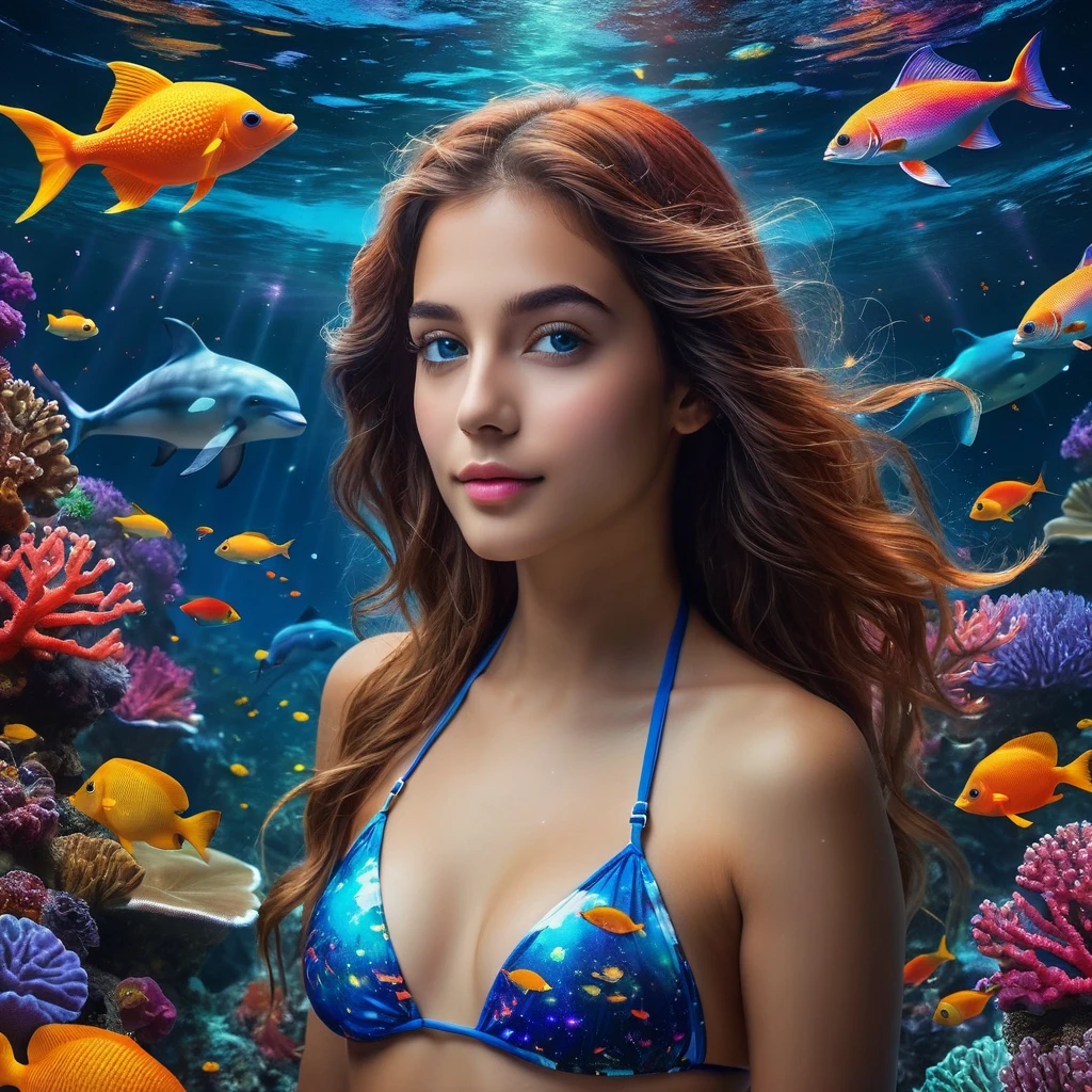 at night, Surreal, fantasy-style digital artwork featuring an underwater scene with vibrant coral reefs and various colorful fish. The layout is divided into two main sections: the underwater world and the sky above. In the underwater section, there are two large, human-like faces detailed made of coral and sea life, with intricate details and vivid colors. (One 18yo beautiful girl, slightly smile ,(wearing colorful bikini and fins :1.5), surrounded by small bioluminescent creatures dancing around her, leaving trails of light.). Above the water, Starry sky: (A sky with a swirling galaxy evolving into a giant blue eye detailed ), embedded in a starry sky adorned with nebulae and cosmic dust. (A dolphin leaps out of the water towards a glowing moon, enhancing the dreamlike atmosphere). The overall composition is rich in detail and color, creating a captivating and otherworldly visual experience.Shimmering mist: A mist envelops the scene, lending it an ethereal. ((masterpiece: 1.2), (best quality, ultra detailed, photorealistic: 1.37) high quality, high definition, super detailed, unreal engine, award-winning photograph, ultra realistic photography, 3d, 8k, cinematic lighting, volumetric lights, hard edge lighting, hyper-realistic photography, HDR, volume,