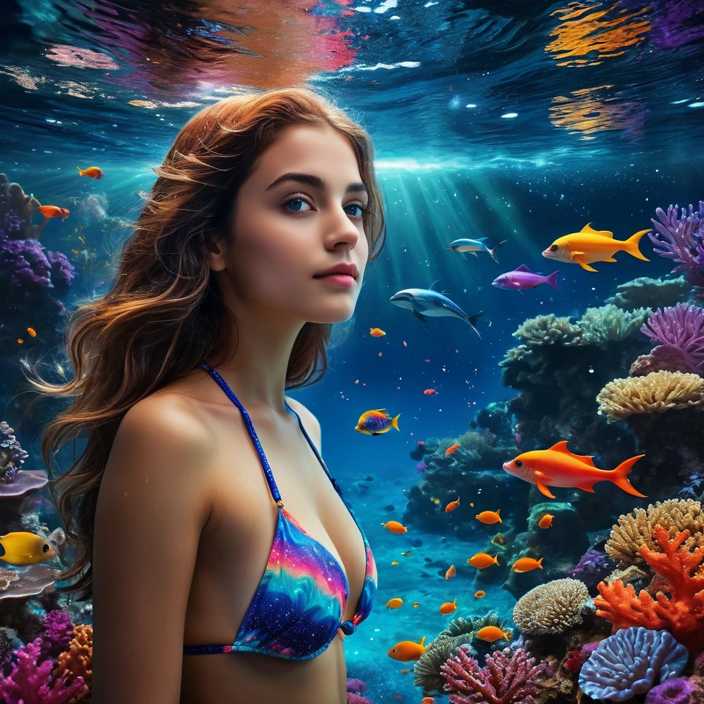 at night a fairytale underwater scene where dazzling coral reefs mingle with a myriad of shimmering fish. A bikini-clad woman snorkels in the midst of this vibrant ecosystem, surrounded by a symphony of colors and aquatic life. Above the surface, a huge, enigmatic eye emerges from swirling cosmic waves, creating a striking contrast. A majestic dolphin leaps through the starry air, where the night sky merges with the ocean, dotted with glittering galaxies. The whole scene is bathed in an atmosphere of dreams and magic, where every element evokes a fantastic and wonderful universe, full of mystery and wonderbokeh,ice and water, Peki,extremely detailed,Peki. best quality, 8k, masterpiece, hight resolution.