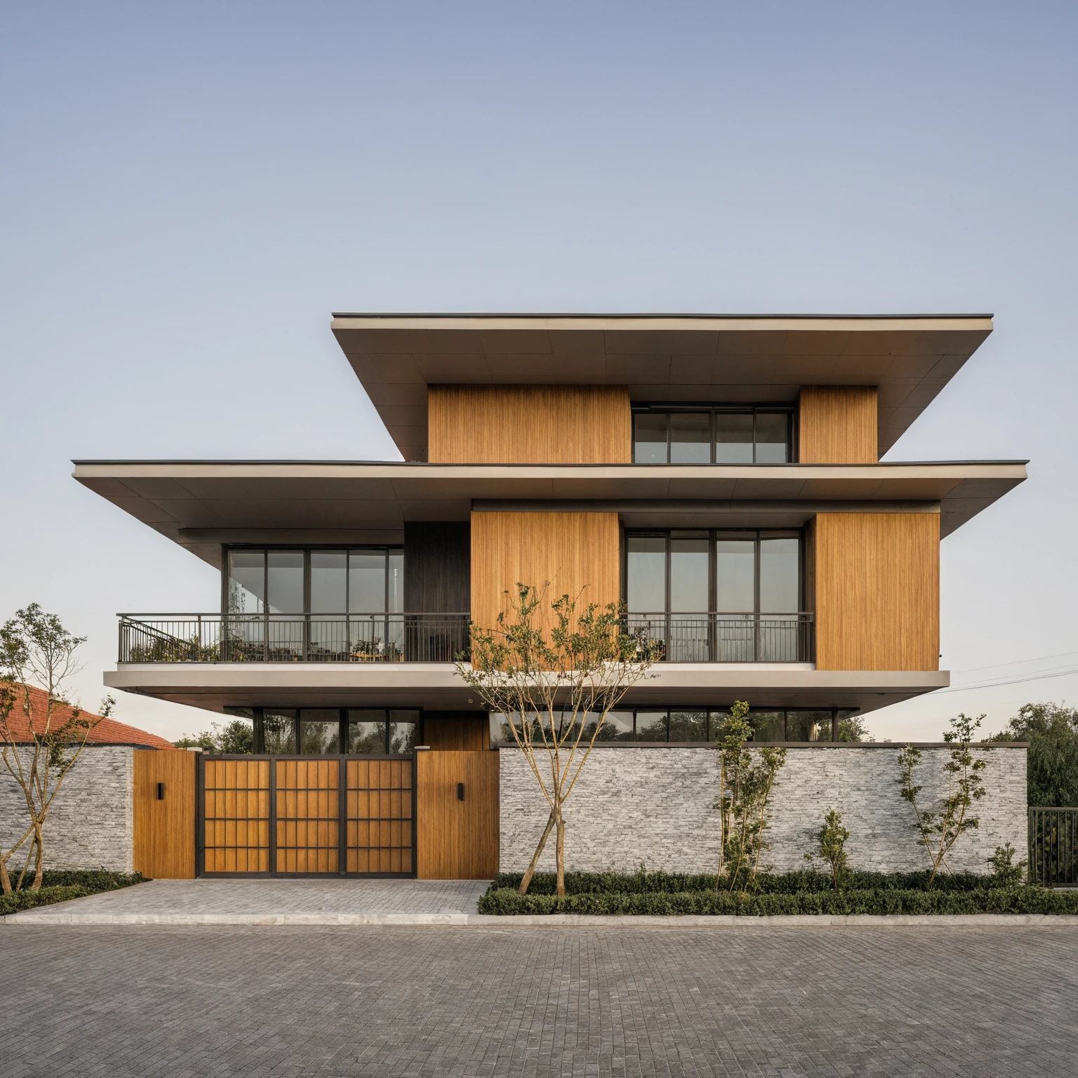Boss of'ouvrages d'art, high quality, best quality, authentique, Great detail, En plein air, plain-piedVilla XL, credit group, style de maison moderne dans la rue ,stairs, white wall ,road,pavement, grass, trees, sky, clouds, (day light:1.1)
