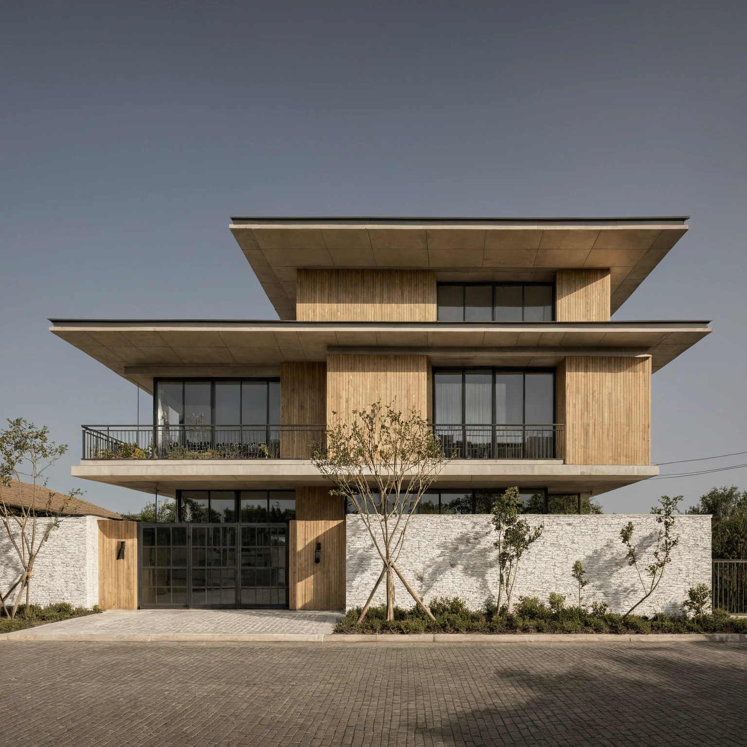Boss of&#39;ouvrages d&#39;art, high quality, best quality, authentique, Great detail, En plein air, plain-piedVilla XL, credit group, style de maison moderne dans la rue ,stairs, white wall ,road,pavement, grass, trees, sky, clouds, (day light:1.1)
