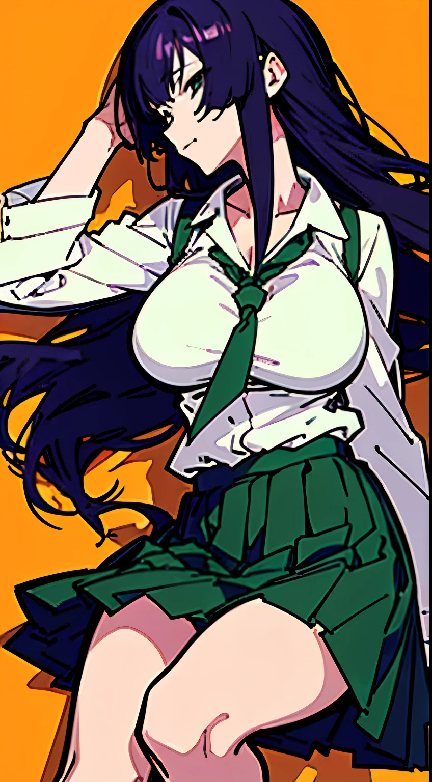 (Highest quality、masterpiece:1.2), ((Mature Woman)) Saeko Busujima、Long-haired、White shirt、Shoulder Holster、Green pleated skirt、、garter belt、Knee-length、(Large Breasts: 1.4)