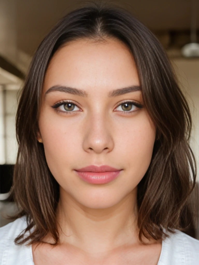 A beautiful girl, face detail, brown eyes, almond eye shape, innocent gaze, big lips, heart faceshape, fine nose, standing in a living room, very detailed, naturally wavy brown hair, high quality, small wrinkles, 4k, extremely detailed, small dark circles, mole, imperfections, medium arch eyebrows shape, thick eyebrow, black eyebrow, smile line