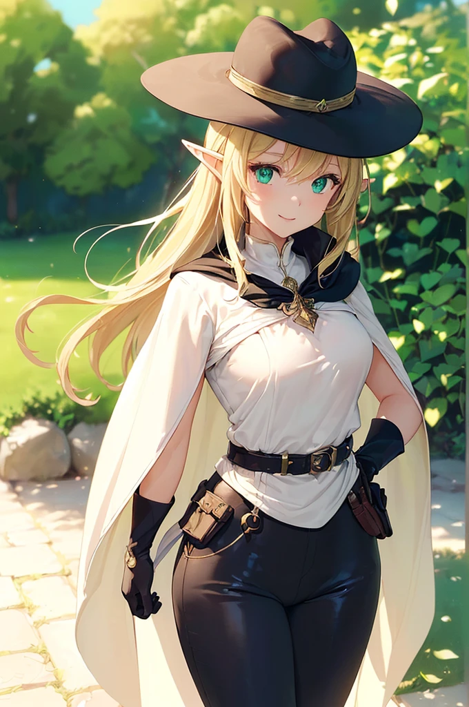 (((masterpiece; best quality: 1.2))), (finely detailed eyes: 1.3), (25 year old elf woman), (solo), (green eyes: 1.4), (body; buxom, fit, femenine: 1.3), (silky blonde hair in low bun: 1.3), (beautiful and clear background: 1.2), ((depth of field)), (equipment: adventurer attire + modest + wide-brimmed hat + long white tunic + black cape + black pants + gloves + belt + pouches: 1.3), (anime illustration: 1.2), (background composition; royal garden: 1.1), (extremely fine and beautiful: 1.1), (shot composition; standing + centered on torso + close-up: 1.5), (expression; calm, smile: 1.2)