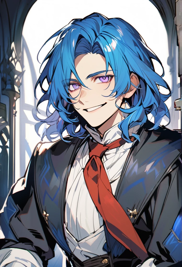 Handsome, 1 male, solo, medium length hair, Professor of magic without a hat, with bangs, bright blue hair with hidden white highlights, sharp eyes, purple eyes, white shirt, red tie, black jacket, black pants, smile facial, half body shot. medieval era.