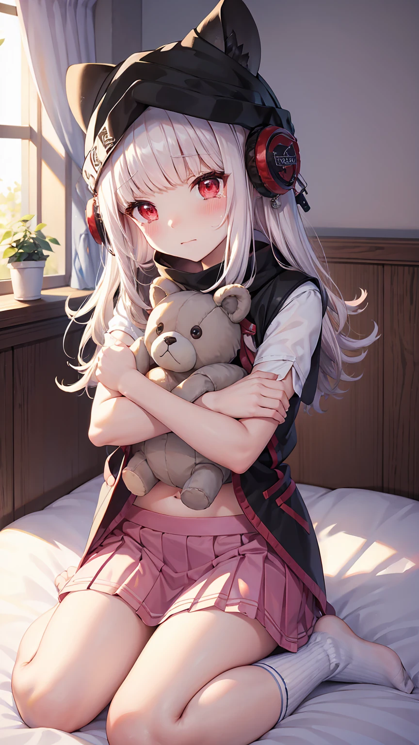 One cute girl Frostlea fArknights, white wavy hair, Red eyes, animal ears, I look at the viewer, embarrassed, blushing, tears, in room , girls bedroom, голубая bed, nice room, pink pajamas, pleated skirt , pink skirt, mini skirt, perfect waist, bed, sit on, spread your legs, atmosphere of the day, teddy bear hugs, hugging a teddy bear, White socks, kneeling pose
