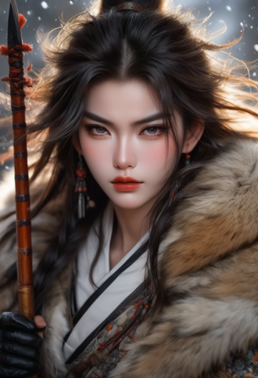 (best quality,4K,8K,high resolution,masterpiece:1.2),Extremely detailed,(Practical,photoPractical,photo-Practical:1.37),Thick fur winter coat,Creative fusion of traditional Chinese design patterns and contemporary elements, Messy hair, Strong expression, Full of energy, Sharp eyes, 1 Samurai, Handsome face, Tiger, Epic Fantasy Character Art, wearing intricate fur armor, Luis Royo (Luis Royo) style, Northern female warrior holding a spear, Human Development Report, Ultra HD, Studio Lighting, very good, Be focused, Physically Based Rendering, Extremely detailed的描述, professional, Vibrant colors, Bokeh, portrait, landscape