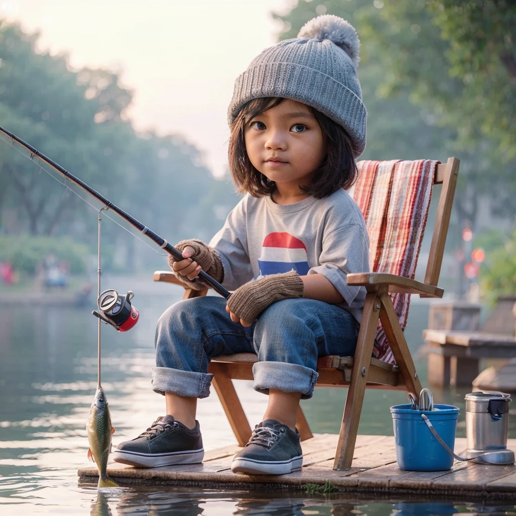 3d realistic images. 10 year old Indonesian girl wearing casual clothes beanie gloves,  is sitting on a park bench behind the lake, fishing pose, the  is wearing a