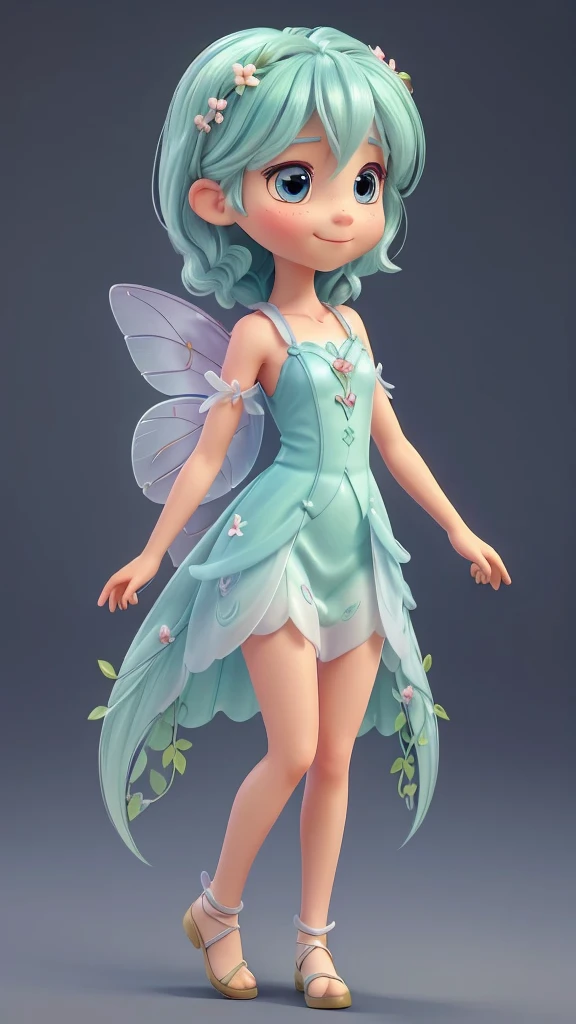 Create a half-body 3D model of a cute fairy girl. She should have delicate, ethereal features with big, expressive eyes and a sweet smile. Her hair should be long and flowing, possibly with some magical sparkle or light effects. She should have elegant, translucent wings with intricate patterns. Her outfit should be whimsical and charming, featuring a combination of natural elements like flowers and leaves, and a pastel color palette. The overall appearance should be enchanting and endearing, capturing the essence of a magical fairy. The model should be facing forward, designed to look like an avatar.