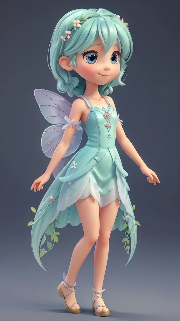 Create a half-body 3D model of a cute fairy girl. She should have delicate, ethereal features with big, expressive eyes and a sweet smile. Her hair should be long and flowing, possibly with some magical sparkle or light effects. She should have elegant, translucent wings with intricate patterns. Her outfit should be whimsical and charming, featuring a combination of natural elements like flowers and leaves, and a pastel color palette. The overall appearance should be enchanting and endearing, capturing the essence of a magical fairy. The model should be facing forward, designed to look like an avatar.

