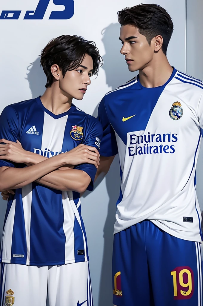 {{{FC Barcelona}}}, light, {{nike soccer jerseys}}, {{{best quality}}}, {{{realistic}}}, Detailed facial description, realistic 눈동자, {{2 handsome men}}, realistic 유니폼 주름, well proportioned, {{{Real Madrid}}}, {{{adidas white soccer jersey}}}, {{{looking at each other}}}, {{{soccer stadium}}}, football