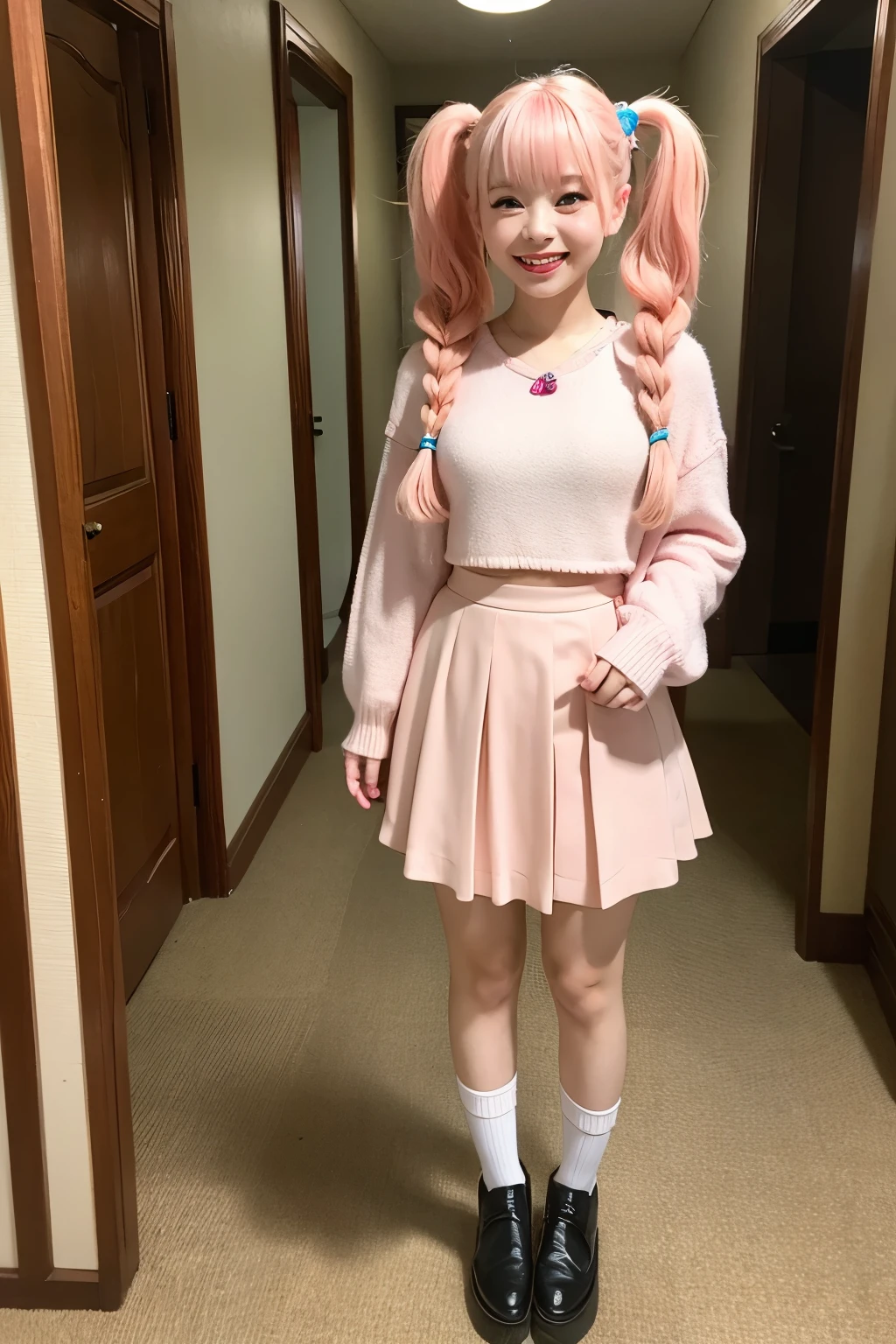Standing in the hallway of a large house、Cute pink hair、Young girl with twin tails、Japanese、Makeup and a pretty face like an idol、Smiling、Cute outfitini skirt、Full body portrait