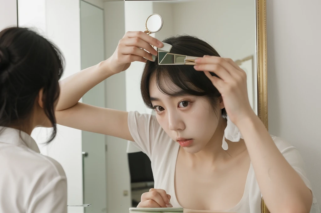 korean girl looking mirror 