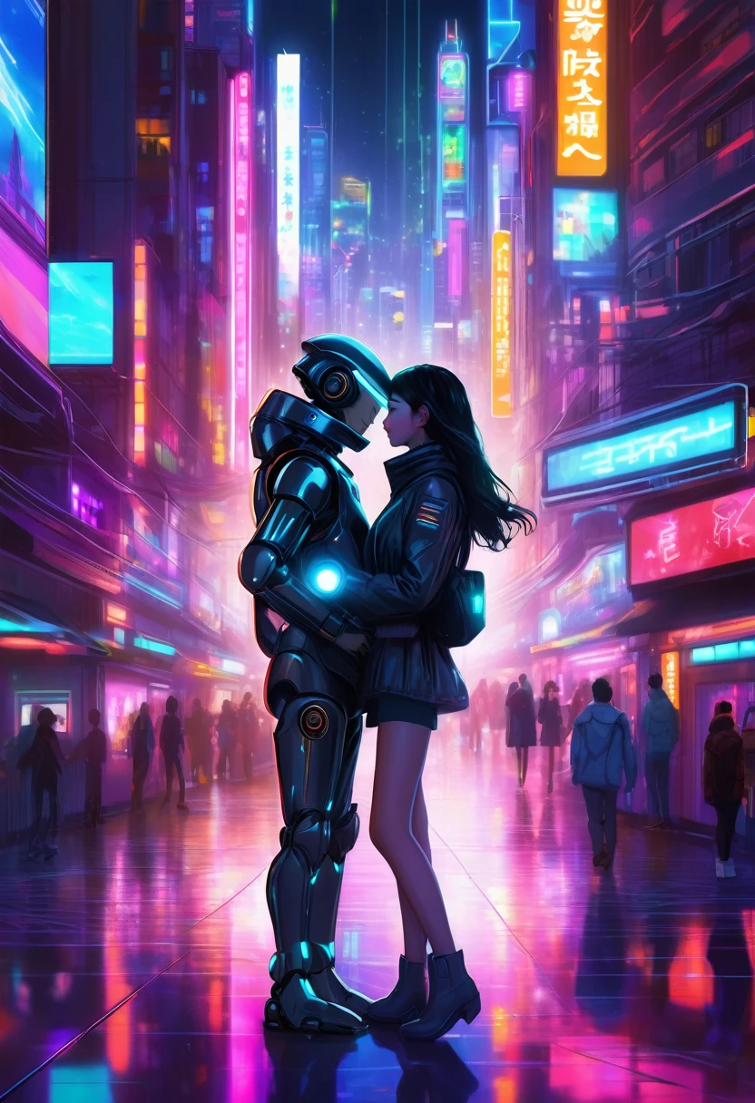 Create an anime-style illustration of a couple in love, set in a futuristic world where advanced technology and robots coexist with humans. The couple should be in a tender, affectionate moment, perhaps holding hands or embracing. The background should be a vibrant, bustling cityscape with sleek, modern architecture, neon lights, and holographic advertisements. Various robots should be visible, interacting with humans and performing everyday tasks. The couple's clothing should blend contemporary and futuristic fashion, with subtle technological accessories. The atmosphere should be romantic and warm, with soft lighting highlighting the couple's expressions of love and the advanced, yet harmonious, environment around them.