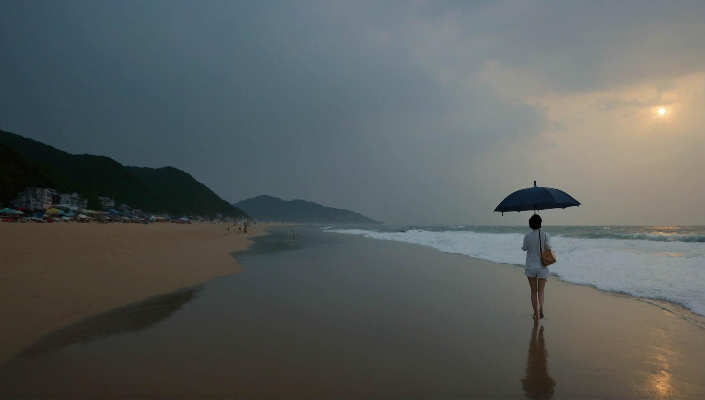 8k, realistic, lifelike photo, Realistic appearance of nature, beach at sunset, pale light, umbrella, rain, 36 year old Korean woman, short medium hair, tower, white shorts endless beach. from a distance with a wide angle lens , waves crashing, Clear picture quality, 검은 umbrella을 쓰고, walking on the beach, 검은 umbrella을 쓰고 해변을 걷는