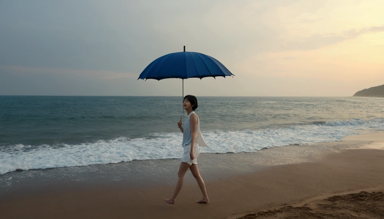 8k, realistic, lifelike photo, Realistic appearance of nature, beach at sunset, pale light, umbrella, rain, 36 year old Korean woman, short medium hair, tower, white shorts endless beach. from a distance with a wide angle lens , waves crashing, Clear picture quality, 검은 umbrella을 쓰고, walking on the beach, 검은 umbrella을 쓰고 해변을 걷는