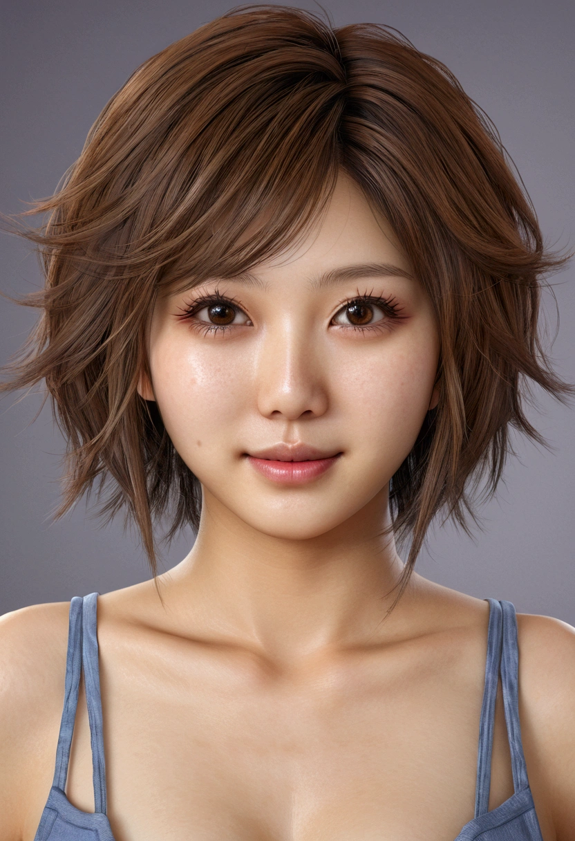 incredibly absurd, beautiful and cute 20-year-old Korean half Japanese girl with a photorealistic face, showcasing top-quality craftsmanship. Her slender frame adorned with short, messy hair. The artwork high-resolution, allowing for ultra-detailed features to be captured flawlessly. The girl is wearing vikini. The focus lies on the realistic pupils, showcasing depth and emotion. ((breasts out)) cute smile.