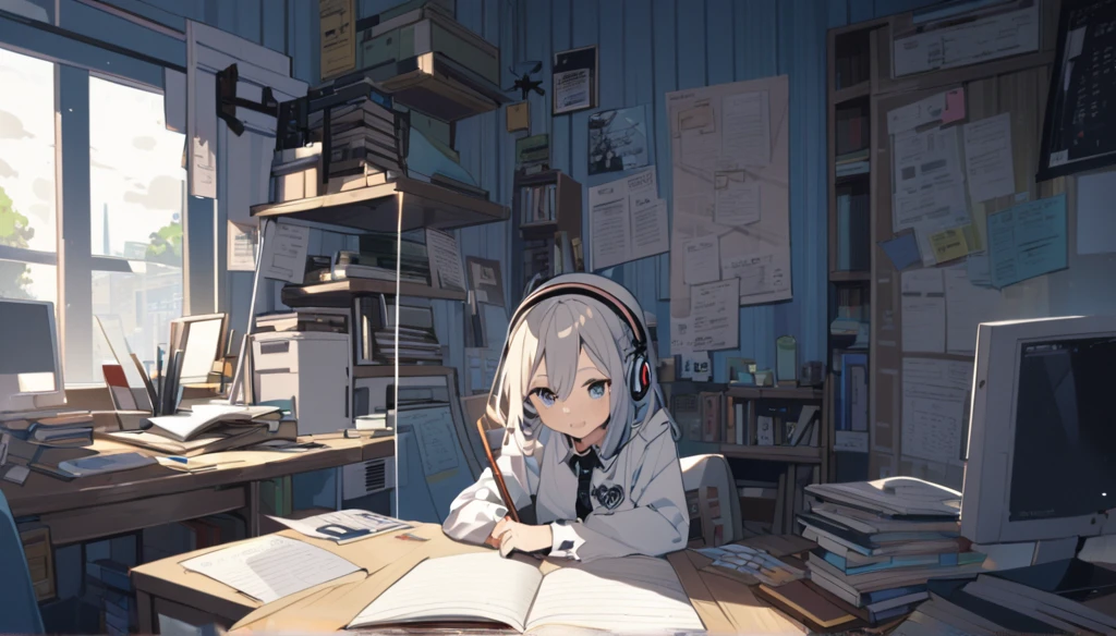 A cute girl is studying on her notebook in her room while wearing headphones。The room is cluttered and the entire desk is visible.