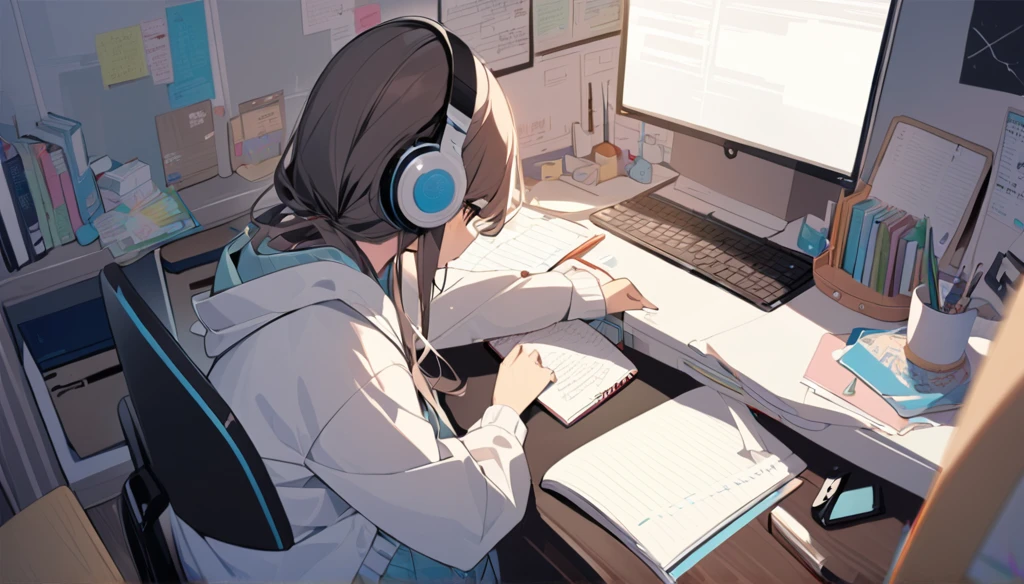 A cute girl is studying on her notebook in her room while wearing headphones。The room is cluttered and the entire desk is visible.