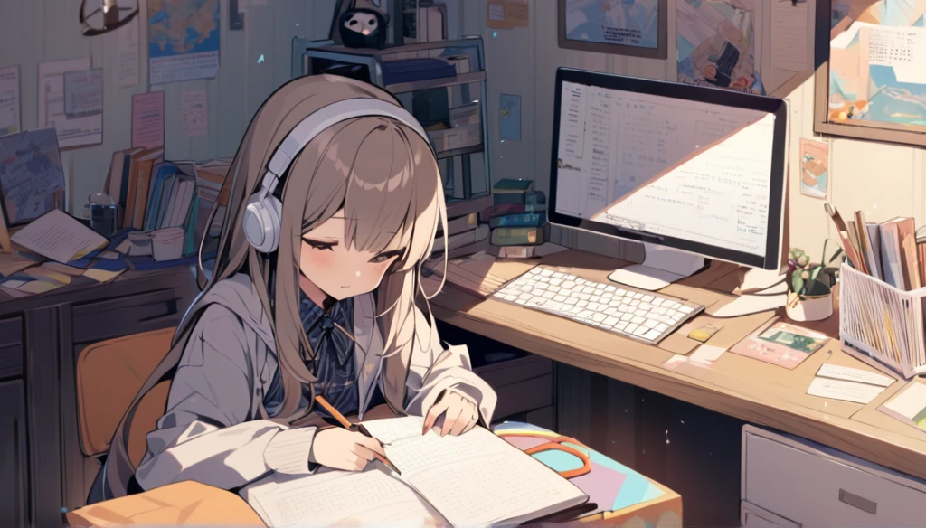 A cute girl is studying on her notebook in her room while wearing headphones。The room is cluttered and the entire desk is visible.